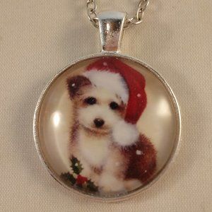 Silver Puppy Dog Santa Hat Snow Cabochon Pendant Necklace 20" Party Gift
